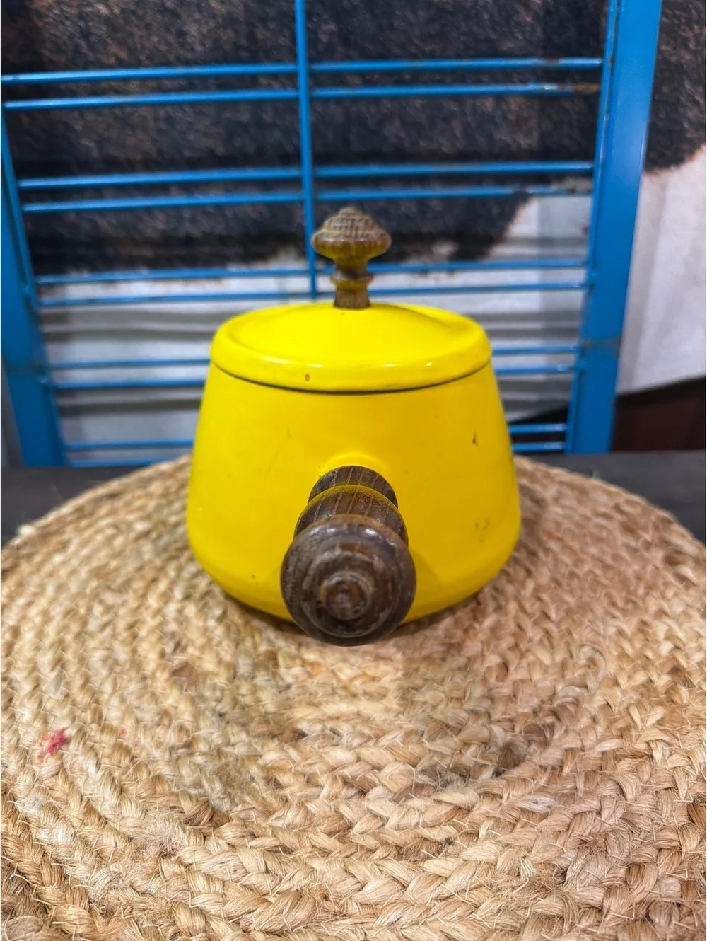 Vintage Yellow Enamel Saucepan with Wooden Handle